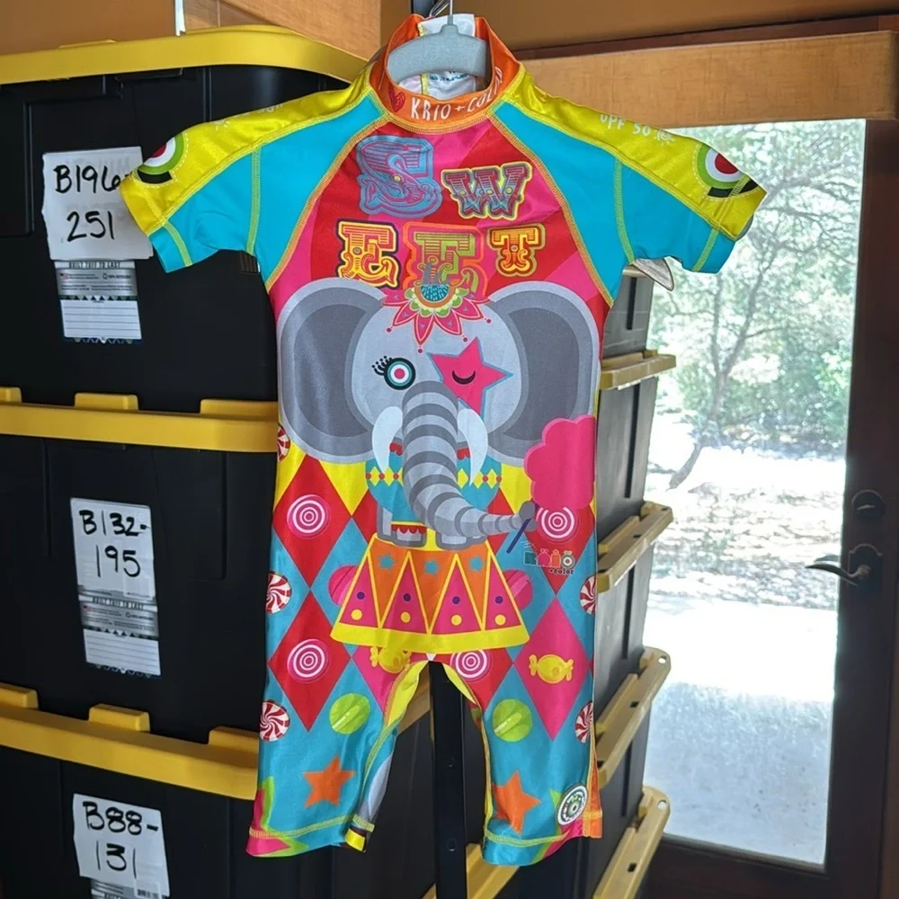 KRIO Color Elefante Circus UV Sunsuit UPF 50+ One Piece Swim Rash Guard Size 4-6
